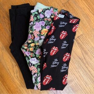 Zara/H&M Kids Black, Floral, and Rolling Stones Graphic Leggings Trio